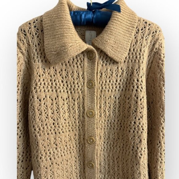 Joie Crochet Knit Collared Button Up Cardigan Sweater top boho tan light brown L - Picture 4 of 7
